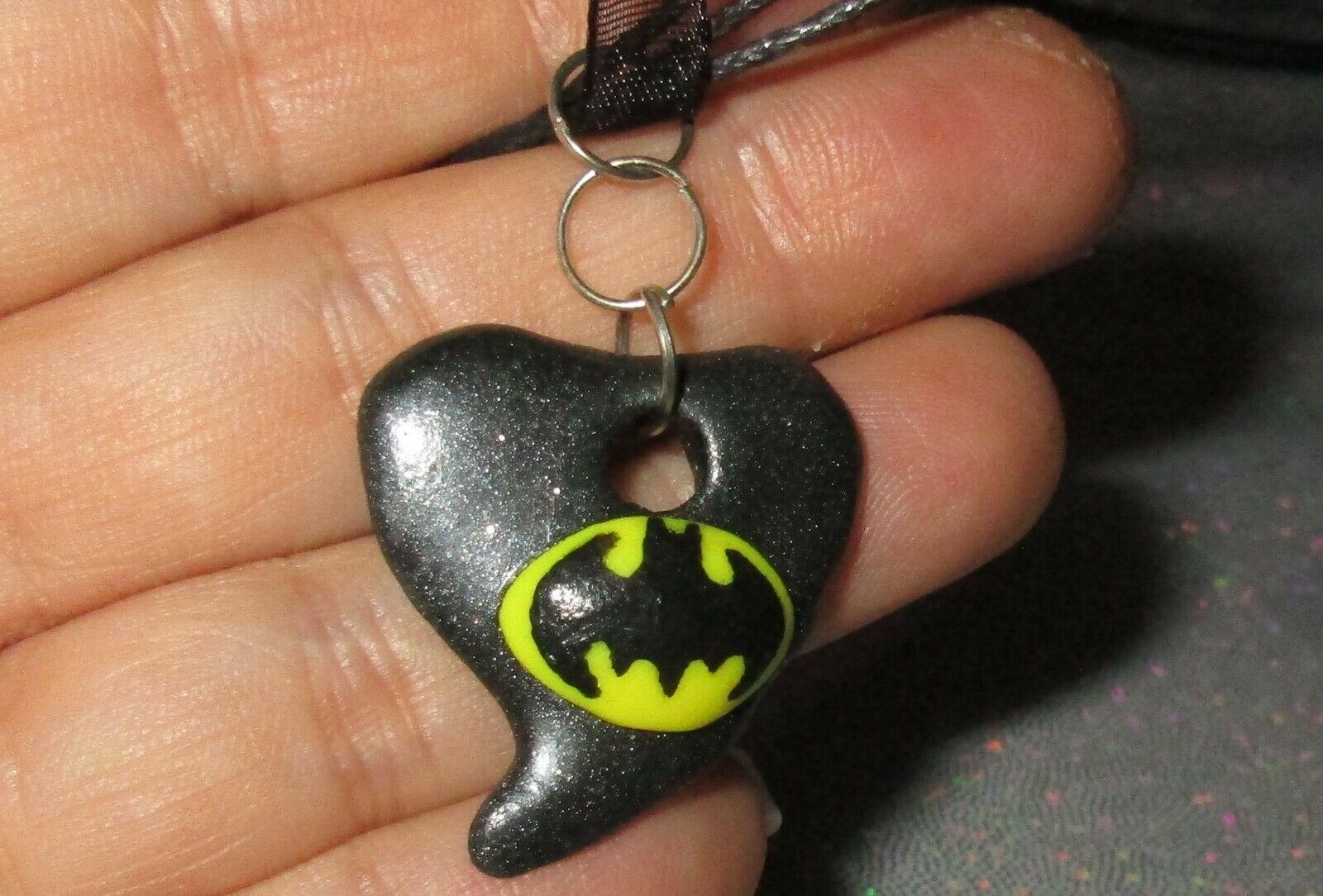 Batman Heart Pendant Black Necklace Ooak Bead Handmade
