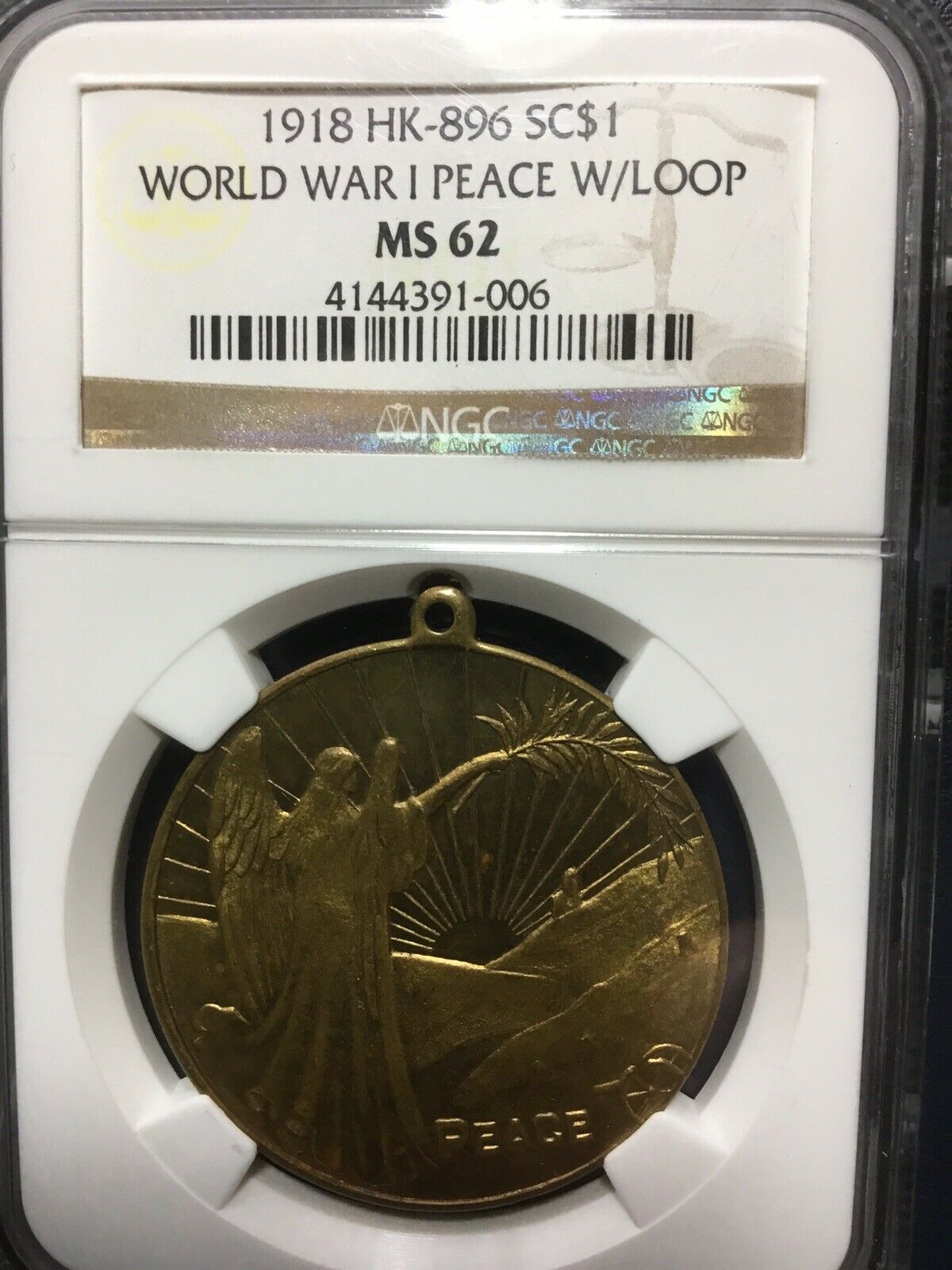 1918 Hk-896 World War I Peace Medal W/loop Ngc Ms-62