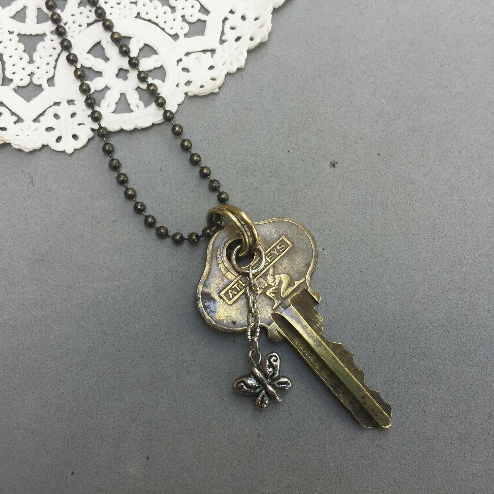 Atlas Key Pendant Vintage Strong Man Holds World & Butterfly 24" Ball Chain