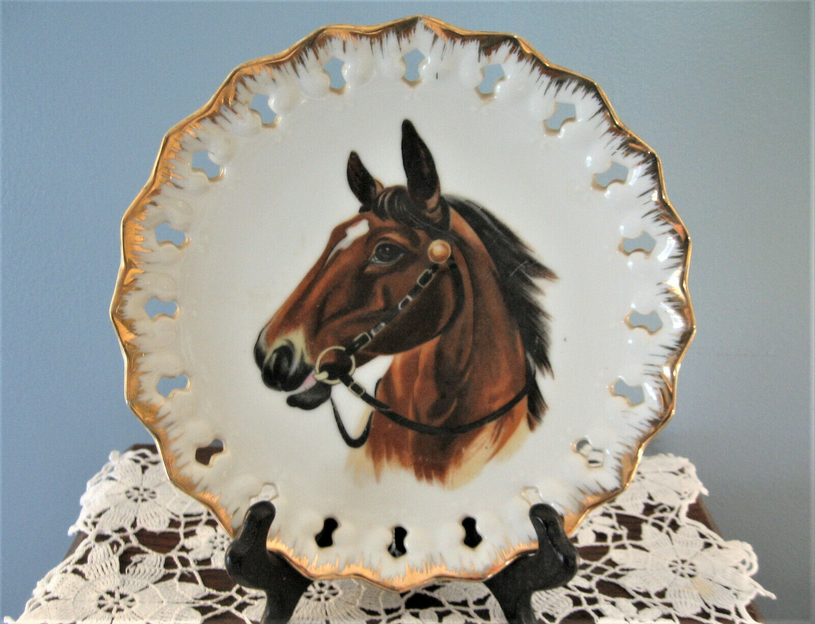 Vintage Horse Plate, Pierced Edge Porcelain, Gold Trim