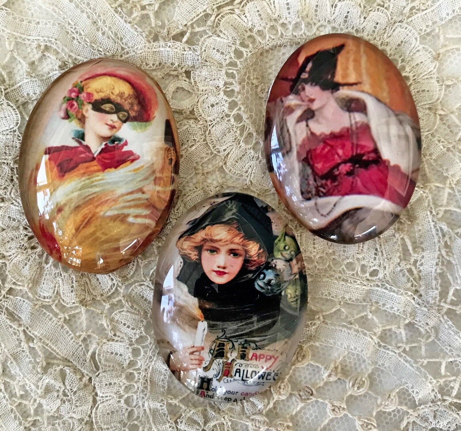 Witch Unset 30x40 Glass Cabochon Cameo Bubble Set Of 3 Vintage Halloween Women
