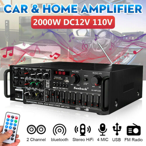 Sunbuck 110v 2000w Eq Stereo Power Amplifier Home Audio 2ch Usb Amp Rack Fm Dj