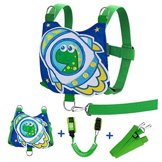 4 In 1 Toddler Harness Leash For Walking+baby Anti Lost Wrist Link, Cute Green