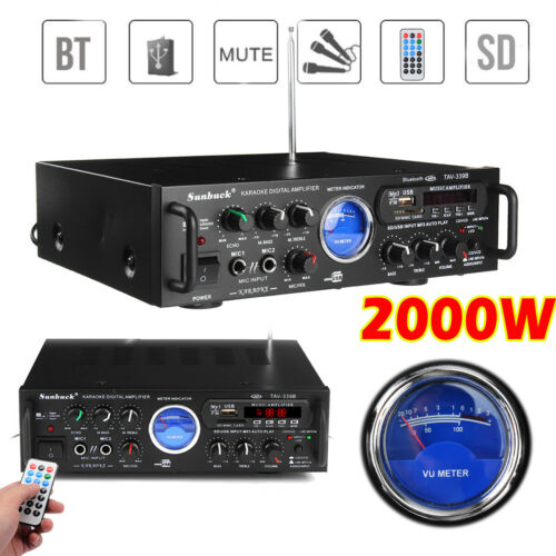 2 Channel 2000watt Bluetooth 5.0 Vu Home Stereo Amplifier Hi-fi Amp Power Usb Fm