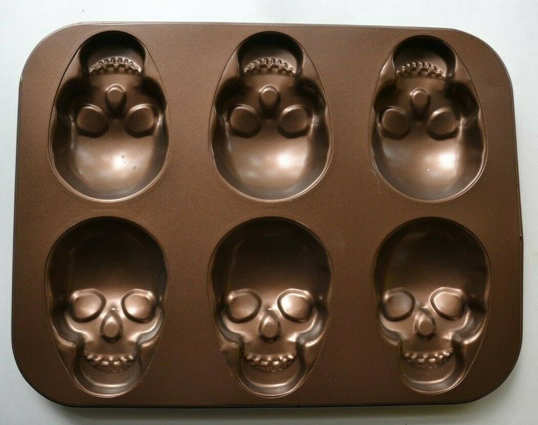 Skulls 6 Cavity Cakelet Pan Cake Cookie Mold Tray Bronze